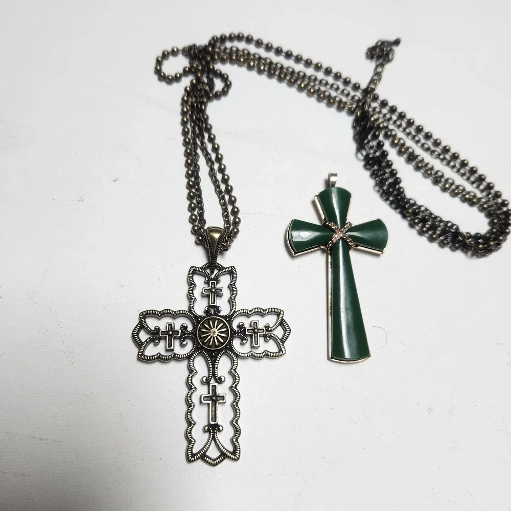 Ornate Bronze Filigree Cross Necklace and Green  acrylic Gold Tone Cross Pendant